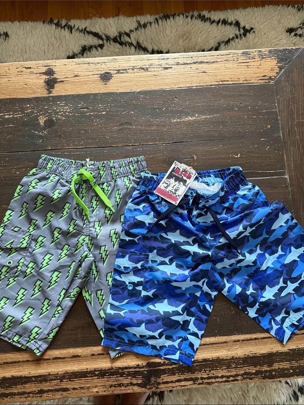 Boys' Lightning & Shark Swim Trunks - Gray/Neon Green & Blue Camo size 7